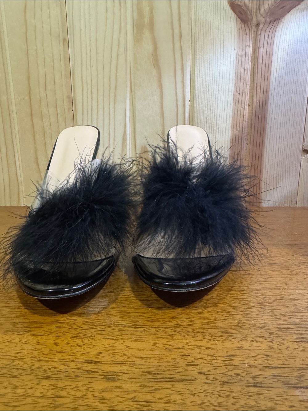 Black Boa Feathered Clear Heeled Shoes—Womens size 9